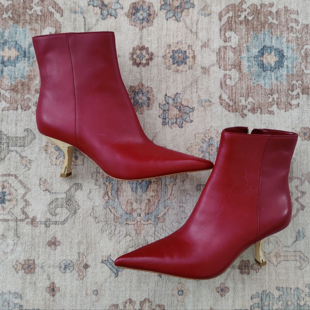 Michael Michael Kors | 7.5, Luna Leather Booties, Red W/Gold Kitten Heels